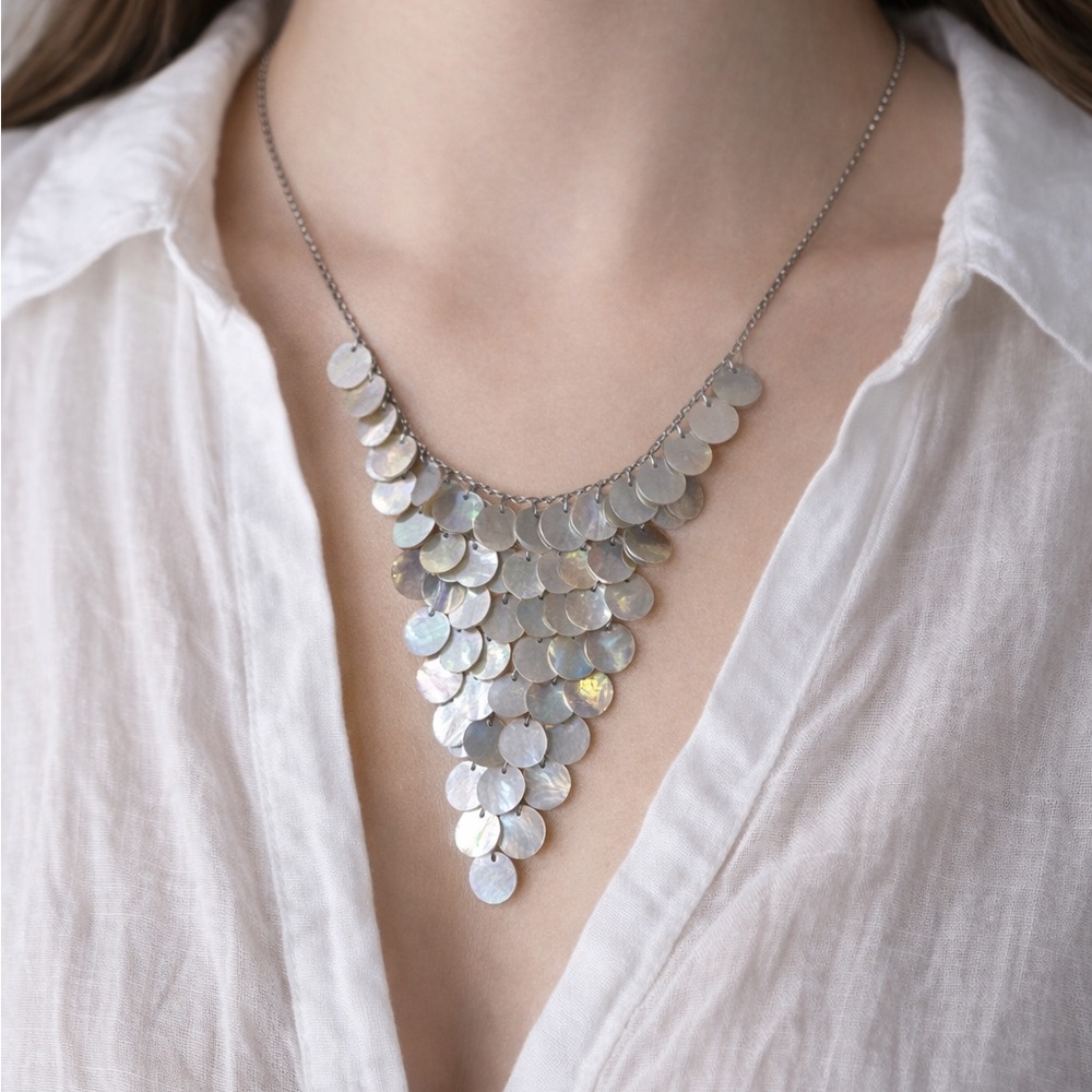Statement Mother of Pearl Necklace | Iridescent Disc Bib | Silver Tone